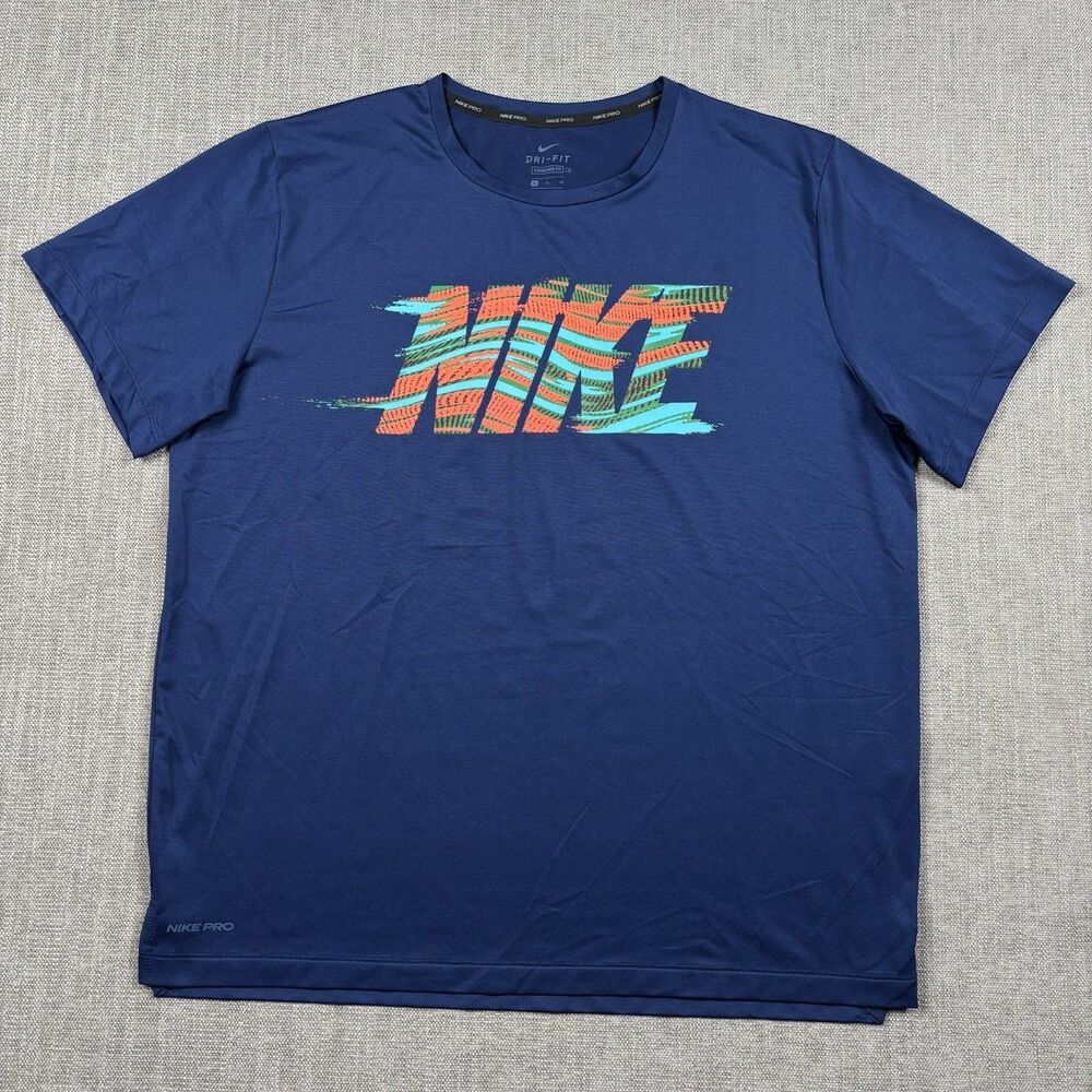 Nike Pro Dri-Fit Standard Fit Men’s XL Navy T-Shirt Colorful Striped Nike Logo